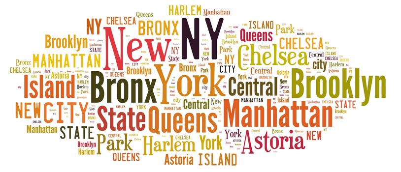 Illustration with word cloud over the city of New York