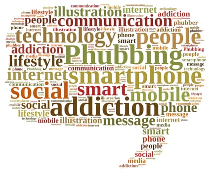 Illustration with word cloud on phubbing, the addiction to mobile