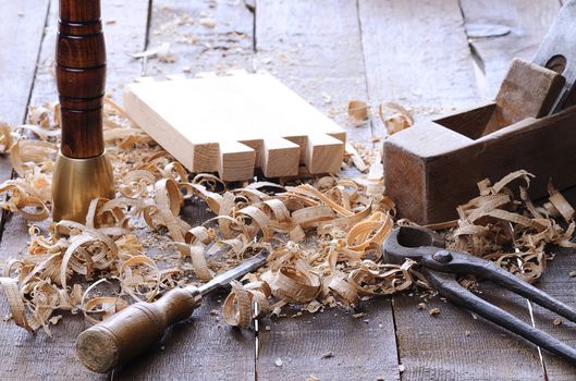 Carpenter tools on a work bench carpentry.