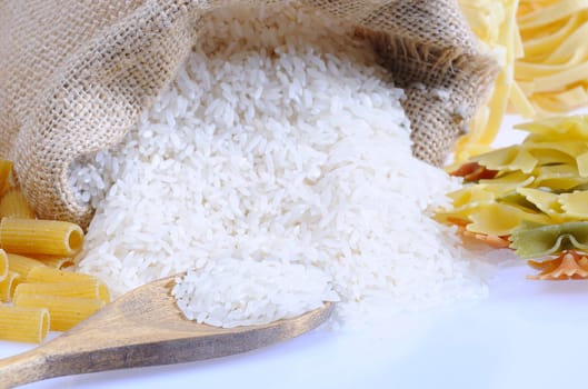 Bag of rice and different types of pasta