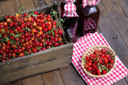 Preparing homemade cherry liqueur in the garden
