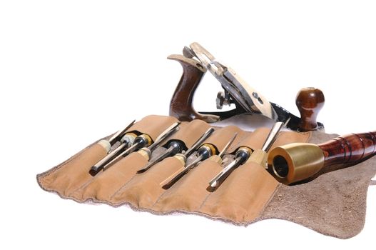 Various carver carpenter tools on white background