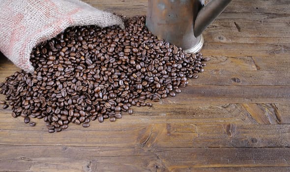 Bag of coffee beans on the table.