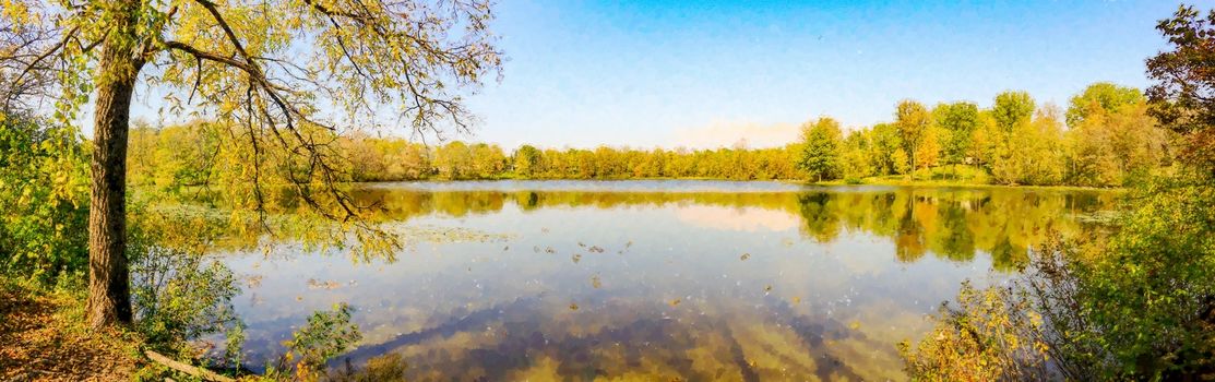 panorama of a fall landscape in Canada, water color effect