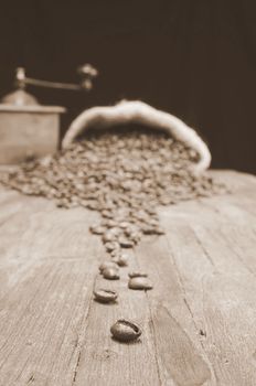 Bag of coffee beans on the table.