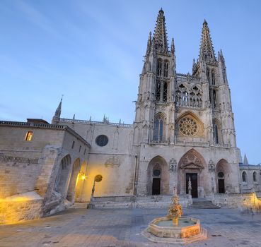 Night view of Burgos Cathedral in Spain.
