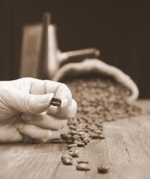 Bag of coffee beans on the table.