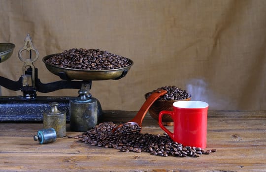 Coffee cup with scale and coffee beans bag in background.