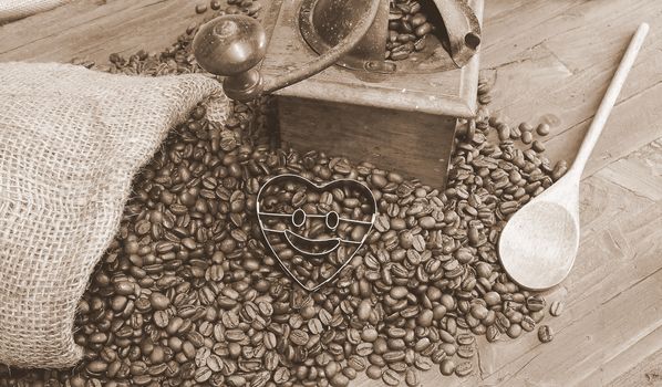 Bag of coffee beans on the table.