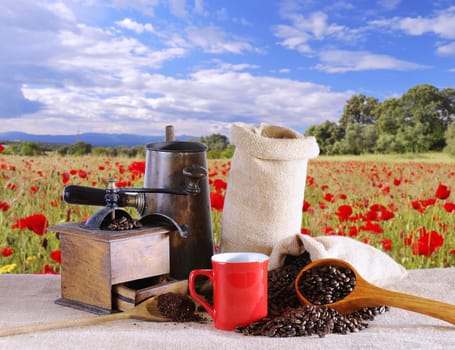 Bag of coffee beans on the table.