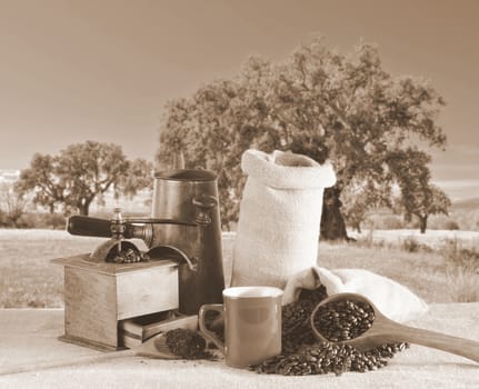 Bag of coffee beans on the table.