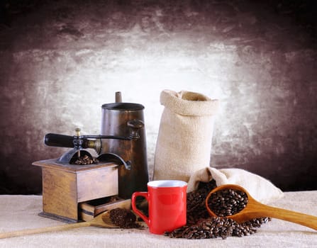 Bag of coffee beans on the table.