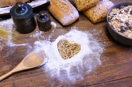 Cereals on the table of the bakery.