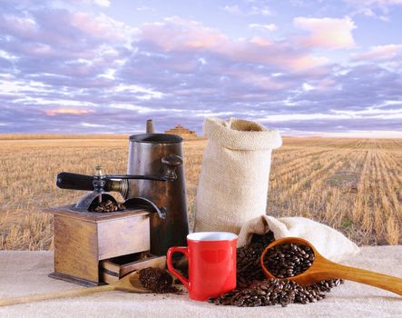 Bag of coffee beans on the table.