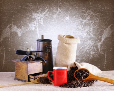 Bag of coffee beans on the table.