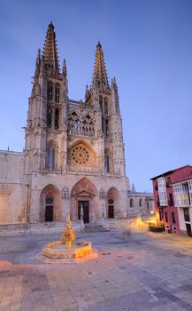 Night view of Burgos Cathedral in Spain.