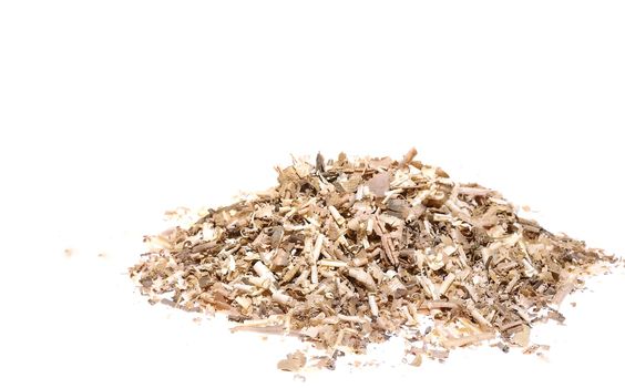 Heap of wooden sawdust and shavings isolated on white