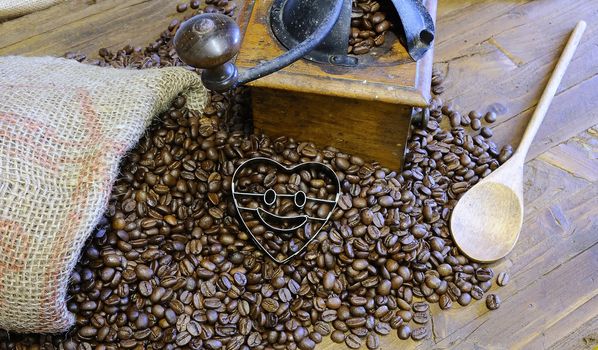 Bag of coffee beans on the table.