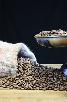 Coffee with scale and coffee beans bag.