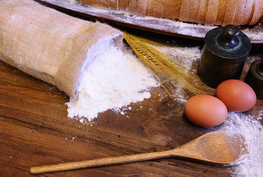 Ingredients of bakery on the kitchen table.