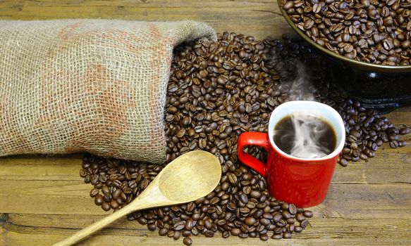Bag of coffee beans on the table.