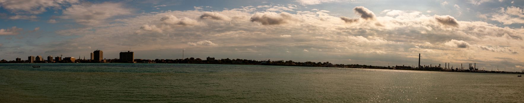 Port Huron Michigan in Panoramic format wide angle to show the industrial skyline