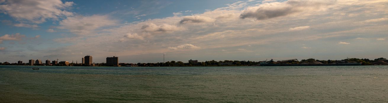 Port Huron Michigan in Panoramic format wide angle to show the industrial skyline