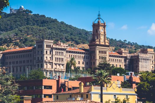 Barcelona, Spain - June 20, 2017: View of Pia de Sarria school on the heights of the city on a summer day