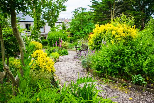 Colourful English summer flower garden with a path under archway