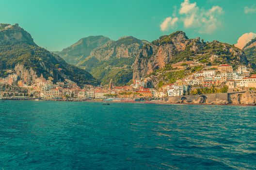 Amalfi is a small town in the mountains on the coast of the Tyrrhenian Sea in the Campania region, Italy