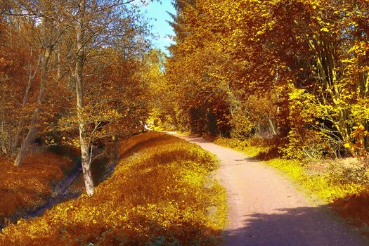 Beautiful panorama view on a golden autumn landscape in the middle of october