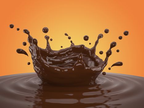 3d illustration of chocolate splash on gradient yellow background with clipping path 