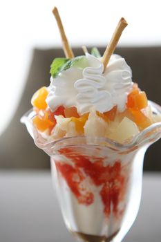 Fruit with vanilla ice cream 