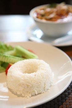 Rice with Tom Yum soup , a Thai traditional spicy prawn soup 