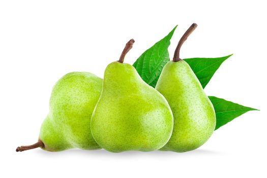 Ripe green pears with green leaf isolated on a white background.