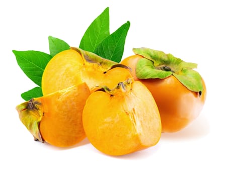 fresh persimmons and persimmon slice with leaf isolated on white background.