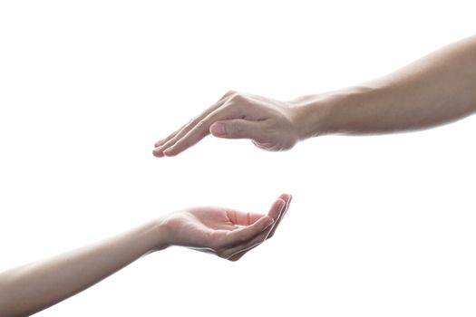 Couple open cupped hands with empty between on white isolated background.