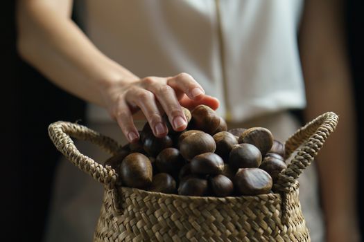 Person holding chestnuts on hand with wicker basket full of chestnuts.