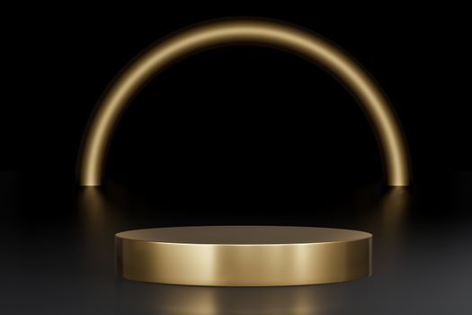 Round gold podium for product presentation in black background studio.