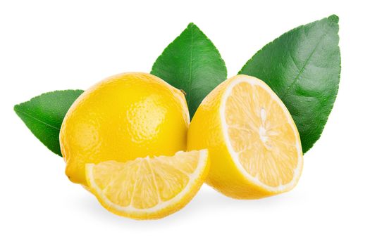 Yellow lemon and green leaf isolated on white background.