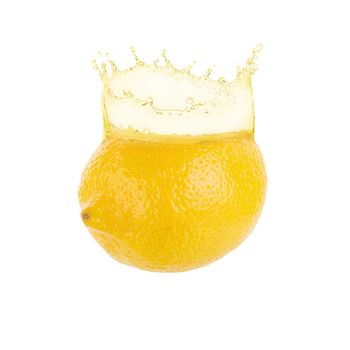 yellow lemon and lemon juice splashing isolated on a white background.