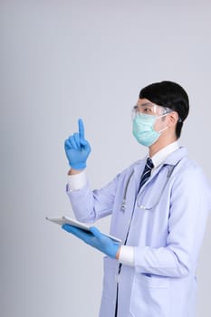 doctor physician practitioner wearing mask with tablet & stethoscope on white background. medical professional medicine healthcare concept