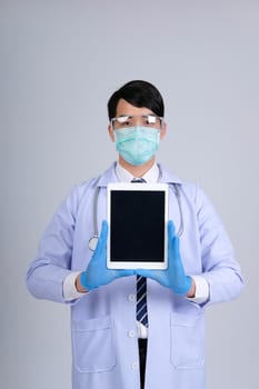 doctor physician practitioner wearing mask with tablet & stethoscope on white background. medical professional medicine healthcare concept