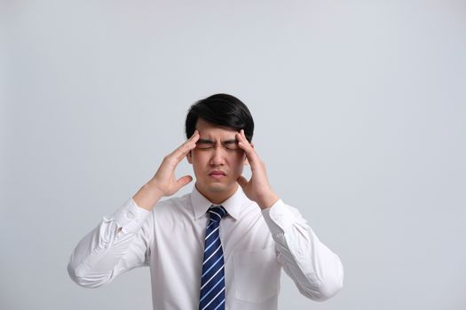 ill businessman man feeling sick, headache from cold flu virus bacteria infection pollution