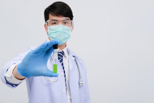doctor physician practitioner with vaccine medicine vial ampule. medical vaccination