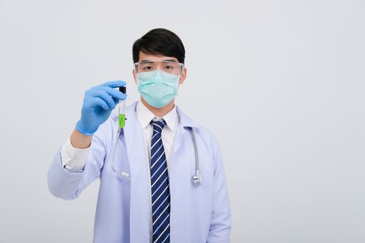 doctor physician practitioner with vaccine medicine vial ampule. medical vaccination
