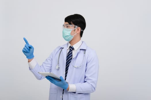 doctor physician practitioner wearing mask with tablet & stethoscope on white background. medical professional medicine healthcare concept