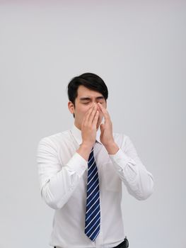 ill businessman man feeling sick, sneezing coughing from cold flu virus bacteria infection pollution