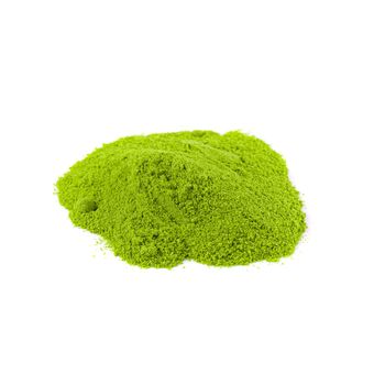 Powdered matcha green tea on white background top view.