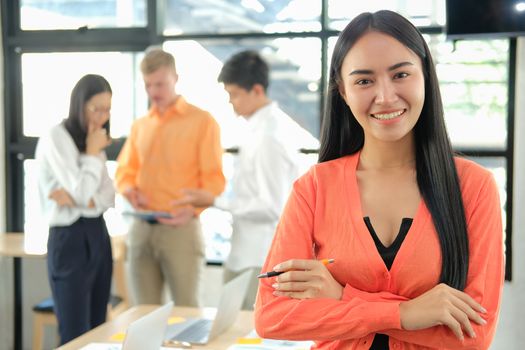 business people discussing on performance revenue in meeting. businesswoman working with co-worker team. financial adviser analyzing data with investor.